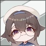  1girl beret blush brown_hair chibi choker girls&#039;_frontline hair_between_eyes hair_flaps hairband hat long_hair looking_at_viewer mole mole_under_eye mutsuki_face_(blue_archive) purple_eyes round_eyewear sailor_collar school_uniform serafuku sitar4081 smile solo super_sass_(girls&#039;_frontline) very_long_hair 