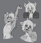 absurd_res anthro barybobik biped blush character_request clothed clothing dawn_chorus duo felid hand_in_mouth hi_res holding_arm lion male mammal monochrome multiple_poses nude pantherine pose shirt shocked slim_anthro slim_male solo_focus stretching topwear