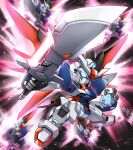  afterimage blue_eyes chibi commentary_request destiny_gundam_spec_ii energy_sword energy_wings glowing glowing_hand gundam gundam_seed gundam_seed_freedom haganef holding holding_sword holding_weapon light_particles mecha mobile_suit no_humans robot sd_gundam sword v-fin weapon 