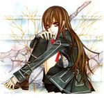  absurdres brown_hair cross_yuki highres hino_matsuri leg_hug long_hair red_eyes sitting solo thorns vampire_knight watermark 