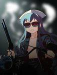  :&lt; arnold_schwarzenegger belt biker_clothes blue_hair cosplay crossover glowing glowing_eye ground_vehicle gun hat ikamusume jacket leather leather_jacket long_hair md5_mismatch motor_vehicle motorcycle omotyanoneko open_clothes open_jacket parody shinryaku!_ikamusume shotgun solo sunglasses t-800 terminator terminator_2:_judgement_day weapon 