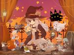  animal_ears chainsaw chibi costume ghost halloween hat horns jack-o'-lantern minigirl monorino multiple_girls nurse original pumpkin scythe smile syringe weapon witch_hat 