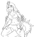 2024 anthro black_and_white bottomwear claws clothing crop_top dinosaur dromaeosaurid elbow_feathers eyelashes feathered_dinosaur feathered_tail feathers female finger_claws fingers hair hi_res i_wani_hug_that_gator jacket_ignites long_hair long_tail looking_at_viewer monochrome navel reptile scalie shirt shorts sketch snout solo tail theropod topwear torn_clothing velociraptor victoria_(iwhtg)