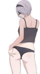  1girl 2b_(nier:automata) ass ass_grab back bare_shoulders bario black_blindfold black_camisole black_hairband black_panties blindfold camisole covered_eyes cowboy_shot from_behind hairband hand_on_own_ass highres looking_back mole mole_under_mouth nier:automata nier_(series) panties short_hair simple_background solo underwear white_background white_hair 