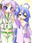  ahoge blue_hair blush brushing_teeth cosplay costume_switch hiiragi_kagami izumi_konata kogaku_kazuya long_hair lucky_star midriff mole mole_under_eye multiple_girls pajamas purple_eyes purple_hair 