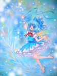  arm_ribbon bad_id bad_pixiv_id barefoot blue_eyes blue_hair bow cirno dress feet floating flower frills hair_bow happy highres ice nekogatsu_kirara petticoat ribbon short_hair smile solo touhou traditional_media wings 