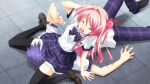 1boy 1girl accident accidental_pervert antenna_hair arm_support arm_up black_thighhighs blue_hair blush bow bowtie breasts brown_shoes chaos;head chaos;head_love_chu_chu! face_in_crotch game_cg hair_bow hand_in_own_hair hand_on_own_head head_between_thighs head_under_another&#039;s_clothes head_under_skirt knee_up kneeling loafers long_hair lying matsuo_yukihiro medium_breasts messy_hair miniskirt nishijou_takumi official_art on_back one_side_up open_mouth outdoors outstretched_arms pants pink_hair plaid_bow plaid_bowtie plaid_clothes plaid_pants plaid_skirt plaid_sleeves plaid_trim pleated_skirt purple_bow purple_bowtie purple_pants purple_trim red_bow sakihata_rimi shiny_skin shirt shoes short_hair short_sleeves side_ponytail sitting sitting_on_chest sitting_on_face skirt spiked_hair thick_thighs thighhighs thighs tile_floor tiles tongue under_another&#039;s_clothes under_skirt unlikely_accident wariza white_petticoat zettai_ryouiki 