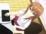  :o breasts brown_eyes brown_hair controller from_above game_controller highres keyboard_(computer) large_breasts long_hair looking_up mouse original pleated_skirt shake_(ferit3) shirt skirt solo t-shirt taut_clothes taut_shirt 