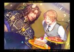  1boy 1girl absurdres animal_ears braid brown_hair cake commentary_request crowdance dark-skinned_male dark_skin food green_eyes grey_vest happy_birthday highres holding holding_plate leona_kingscholar lion_boy lion_ears long_hair looking_at_another night_raven_college_ceremonial_robes night_raven_college_uniform plate ponytail purple_robe robe strawberry_cake translation_request twin_braids twisted_wonderland upper_body vest yellow_background yuu_(twisted_wonderland) 