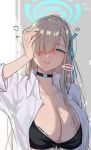 1girl absurdres anandaname asuna_(blue_archive) asuna_(school_uniform)_(blue_archive) black_bra blonde_hair blue_archive blue_eyes blue_halo bra breasts choker cleavage collarbone hair_ribbon halo hand_on_own_head highres large_breasts long_hair mole mole_on_breast open_clothes open_shirt ribbon shirt sleeves_rolled_up solo twitter_username underwear very_long_hair waking_up white_shirt 