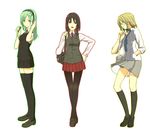  alternate_costume black_legwear blonde_hair braid brown_eyes brown_hair contemporary crossed_legs frog green_hair hair_ornament hakurei_reimu headphones highres kirisame_marisa kneehighs kochiya_sanae legs loafers mitsusaka_mitsumi multiple_girls necktie pantyhose school_uniform shoes short_hair sleeves_rolled_up socks standing thigh_gap thighhighs touhou watson_cross yellow_eyes zettai_ryouiki 