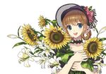  blue_eyes bonnet briska brown_hair choker dress flower hair_flower hair_ornament lily_(flower) looking_at_viewer original smile solo sunflower 