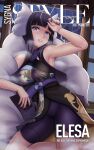  1girl alternate_costume armpits black_dress black_hair blunt_bangs character_name cover dated dress electricity elesa_(pokemon) elesa_(sygna_suit)_(alt.)_(pokemon) english_text fake_horns fake_magazine_cover floral_print hand_on_own_head highres horns japanese_clothes kimono light_smile lightning magazine_cover multicolored_hair negaska official_alternate_costume pokemon pokemon_bw pokemon_bw2 pokemon_masters_ex purple_eyes purple_nails rain sash shawl shorts sidelocks sitting sleeveless sleeveless_dress sleeveless_kimono solo streaked_hair teeth wet 