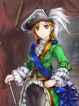  breasts brown_hair cane catherine_the_great civilization_(series) civilization_iv cravat curtains feathers hair_ribbon hand_on_hip hat large_breasts long_hair medal military military_uniform painting_(object) ponytail purple_eyes ribbon russia sash solo tomw tricorne uniform 