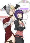  2girls alien_alienen audio_jack back-to-back black_pants blonde_hair boku_no_hero_academia breasts cleavage crossed_arms dragon_girl dress ear_piercing facepaint fingerless_gloves gloves green_headband half_mask head_wings headband headphones highres holster jacket jiro_kyoka large_breasts long_earlobes mask mask_over_one_eye multiple_girls pants piercing pink_shirt purple_hair ryuukyuu shirt short_hair sleeveless sleeveless_turtleneck sleeveless_turtleneck_dress small_breasts smile spiked_ear_piercing spinning_wheel thick_thighs thigh_holster thighs torn_clothes torn_shirt turtleneck turtleneck_dress wide_hips wings yellow_eyes 
