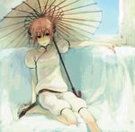  blue_eyes bun_cover chinese_clothes couch double_bun gintama jikayahato kagura_(gintama) orange_hair oriental_umbrella parasol shorts sitting solo umbrella 