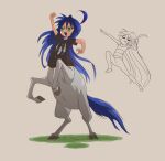  1girl ahoge alternate_species arm_up black_shirt blue_hair centaur full_body green_eyes izumi_konata long_hair lucky_star open_mouth phil_dragash rearing shirt simple_background solo t-shirt taur the_elder_scrolls the_elder_scrolls_v:_skyrim very_long_hair 