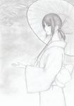  bad_id bad_pixiv_id black_hair bow graphite_(medium) greyscale highres japanese_clothes kaga_ai kimono mole monochrome oriental_umbrella outstretched_hand parasol ponytail sayonara_zetsubou_sensei short_hair sidelocks smile snow solo traditional_media tree umbrella winter 