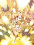  blonde_hair boots choker cure_sunshine hair_ribbon heart heartcatch_precure! highres instrument knee_boots long_hair magical_girl midriff myoudouin_itsuki nasudora navel open_mouth orange_choker precure ribbon shiny_tambourine skirt solo tambourine twintails yellow yellow_background yellow_eyes yellow_skirt 