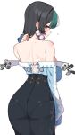  1girl absurdres ass back bare_back bare_shoulders black_hair black_pants blue_eyes blue_shirt from_behind green_hair hashtag-only_commentary highres long_sleeves looking_at_viewer looking_back multicolored_hair orchidea_(zenless_zone_zero) pants shirt simple_background solo two-tone_hair w.k white_background zenless_zone_zero 