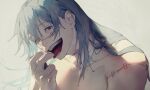  1boy blue_eyes cursed_spirit_(jujutsu_kaisen) finger_to_mouth grey_background grey_hair hair_behind_ear heterochromia highres jujutsu_kaisen long_hair mahito_(jujutsu_kaisen) male_focus mim_(mimya0600) nude open_mouth simple_background solo stitched_arm stitched_face stitches teeth tongue tongue_out yellow_eyes 