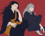  2boys black_hair black_kimono black_pants black_robe black_shirt blue_eyes cursed_spirit_(jujutsu_kaisen) earrings getou_suguru getou_suguru_(kenjaku) grey_hair head_rest heterochromia highres japanese_clothes jewelry jujutsu_kaisen kimono knee_up layered_sleeves long_hair long_sleeves looking_at_viewer mahito_(jujutsu_kaisen) male_focus mim_(mimya0600) multiple_boys pants parted_lips piercing red_background red_eyes robe shirt shoes simple_background sitting smile stitched_arm stitched_face stitched_forehead stitched_wrist stitches white_shoes yellow_eyes 