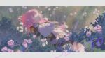  1girl artist_name black_shorts border breasts bug butterfly chinese_commentary closed_eyes commentary_request corset elf elysia_(honkai_impact) elysia_(miss_pink_elf)_(honkai_impact) flower highres honkai_(series) honkai_impact_3rd large_breasts long_hair lying on_back on_grass outdoors parted_lips pink_hair pointy_ears rose sakoto._c. short_shorts shorts solo thighs white_border white_corset white_flower white_rose 
