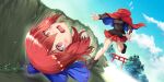  1girl @_@ black_shirt blue_sky blush boots bow breasts brown_boots cape chasing cloud commentary day disembodied_head english_commentary game_cg hair_bow headless highres hiura_r leg_up long_sleeves medium_hair miniskirt official_art open_mouth outdoors red_cape red_eyes red_hair red_skirt ribbon-trimmed_bow ribbon_trim running sekibanki shirt skirt sky solo tearing_up tears third-party_source torii touhou touhou_lostword 