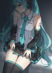  1girl bare_shoulders black_background black_skirt black_sleeves black_thighhighs blue_eyes blue_hair blue_nails blue_necktie blush closed_mouth collarbone collared_shirt detached_sleeves feet_out_of_frame fingernails grey_background hair_between_eyes hatsune_miku headphones highres hymgkamui long_sleeves looking_to_the_side miniskirt necktie nose number_tattoo shirt shoulder_tattoo sitting skindentation skirt skirt_hold sleeveless sleeveless_shirt solo tattoo thigh_focus thighhighs twintails vocaloid white_shirt wing_collar 