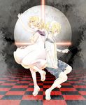  1girl blonde_hair brother_and_sister checkered checkered_floor dress green_eyes hair_ribbon headphones highres kagamine_len kagamine_rin ma_na_roo paradichlorobenzene_(vocaloid) perspective ribbon sailor_dress short_hair siblings twins vocaloid 