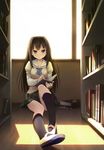  :o absurdres ayase_sayuki black_hair bloom book bookshelf highres indoors kantoku kneehighs legs long_hair open_book school_uniform shoes sitting skirt socks solo sunlight sunset uwabaki window your_diary 