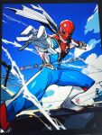  1boy animal_print artist_name black_border blue_bodysuit bluesky_logo bluesky_username bodysuit boots border cloud commentary covered_face day english_commentary fighting_stance gloves highres instagram_logo instagram_username looking_at_viewer male_focus marvel outdoors print_bodysuit red_bodysuit red_mask scarf signature silk skin_tight solo spider-man spider-man_(series) spider-man_(toei) spider_print spider_web superhero_costume threads_logo threads_username tokusatsu twitter_username twitter_x_logo utility_pole web_shooter white_boots white_gloves white_scarf wilsur yamashiro_takuya zentai 