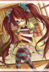  amane_kurumi blue_legwear book bow brown_legwear dress glasses hair_bow multicolored multicolored_clothes multicolored_legwear original solo striped striped_legwear thighhighs twintails 