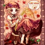  aki_minoriko apron barefoot blonde_hair bowl brown_eyes douji food fruit grapes hat leaf mushroom nature rice rice_bowl romaji short_hair solo touhou tree_stump 