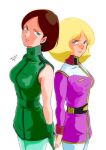 1girl 2girls aeug belt blonde_hair blue_eyes breasts brown_hair commentary_request earth_federation emma_sheen gloves green_eyes gundam highres looking_at_viewer military military_uniform mobile_suit_gundam multiple_girls pgmajimaji sayla_mass science_fiction short_hair simple_background sleeveless zeta_gundam 