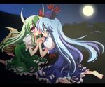  barefoot blue_eyes blue_hair bow dual_persona ex-keine full_moon geo_(yukishitadou) green_hair hat holding_hands horns kamishirasawa_keine long_hair moon multiple_girls night purple_eyes tail touhou 