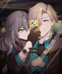  aqua_shirt aventurine_(honkai:_star_rail) black_gloves black_jacket blonde_hair brown_jacket cellphone closed_mouth clothing_cutout djinchnizhnsh1 earrings gloves grey_hair hair_between_eyes highres holding holding_phone honkai:_star_rail honkai_(series) jacket jewelry long_hair multicolored_eyes phone pink_eyes shirt short_hair smartphone smile stelle_(honkai:_star_rail) trailblazer_(honkai:_star_rail) white_shirt yellow_eyes 