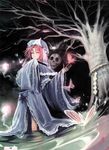  artist_request bug butterfly ghost hat hitodama insect japanese_clothes kimono night pink_eyes pink_hair rope saigyouji_yuyuko shimenawa short_hair skeleton skull solo spirit touhou tree 