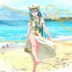  1girl alice_carroll aqua_hair aria_(manga) bare_legs barefoot beach beret blue_eyes blush closed_mouth day dress eyelashes foot_out_of_frame hair_between_eyes hat kicking koorogi_(kijinabe_to_kitsunedon) long_dress long_hair looking_at_viewer necktie ocean orange_planet_uniform outdoors sailor_collar short_sleeves side_slit sidelocks skirt_hold smile solo sparkle standing standing_on_one_leg toes very_long_hair white_dress white_hat white_sailor_collar yellow_necktie 