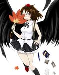  bad_id bad_pixiv_id bare_shoulders breasts brown_hair camera fan feathers hat leaf looking_at_viewer medium_breasts notebook pen photo_(object) red_eyes shameimaru_aya solo strap suikee tokin_hat touhou wings 