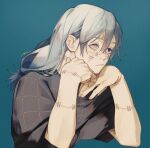  1boy :/ androgynous black_shirt blue_background blue_eyes closed_mouth commentary_request cursed_spirit_(jujutsu_kaisen) film_grain grey_hair hair_between_eyes heterochromia highres jujutsu_kaisen looking_ahead mahito_(jujutsu_kaisen) male_focus mim_(mimya0600) shirt simple_background solo stitched_arm stitched_wrist stitches upper_body yellow_eyes 