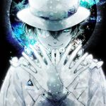  aqua_eyes between_fingers black_hair blue_eyes closed_mouth crystal dark_background diamond diamond_(shape) gem gloves hat kaitou_kid kuroba_kaito light_particles long_sleeves looking_at_viewer male_focus meitantei_conan monocle smile solo spot_color tennen_hz top_hat triangle unmoving_pattern upper_body white_gloves white_hat 