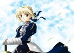  ahoge armor artoria_pendragon_(all) blonde_hair day fate/stay_night fate_(series) green_eyes hair_ribbon kyouno_(61238344) long_hair ponytail ribbon saber sky solo sword weapon 