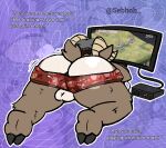 anthro balls bodily_fluids bovid butt caprine carl_hendricks clothed clothing dialogue disgaea echo_(game) echo_(series) echo_project electronics gaming genitals male mammal monitor nippon_ichi_software partially_clothed playing_video_game playstation playstation_2 rear_view sebboh sheep solo sony_corporation sony_interactive_entertainment sweat sweat_clouds underwear