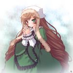  blush brown_hair dress frills green_eyes hairband hands_together heterochromia long_hair motomi own_hands_together red_eyes rozen_maiden smile solo suiseiseki very_long_hair 