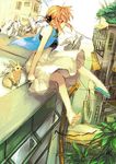  bare_shoulders barefoot blue_eyes bunny city cityscape feet gintama hair_bun jikayahato kagura_(gintama) legs pipes power_lines red_hair shoes single_shoe sitting solo toes 