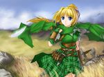  blonde_hair blue_eyes breasts claymore_(sword) dagger feathers gauntlets grass green_scarf hair_ribbon long_hair medium_breasts original plaid plaid_skirt ponytail quilt ribbon rock sash scarf scenery skirt solo sword tomw weapon 