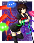  ahoge asymmetrical_wings black_hair black_legwear highres hinoyama_ena houjuu_nue polearm red_eyes ribbon short_hair snake solo thighhighs touhou trident ufo weapon wings zettai_ryouiki 