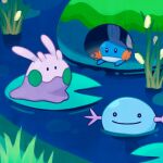  black_eyes closed_mouth goomy highres lily_pad lying mudkip no_humans numera_goomy on_stomach partially_submerged pokemon pokemon_(creature) reeds solid_oval_eyes water wooper 