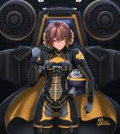  1girl absurdres aircraft_hanger artist_logo blonde_hair brown_eyes brown_hair cape clothes_writing cowboy_shot dark_background eagle_1_(helldivers) freckles helldivers_(series) helmet highres holding holding_helmet logo looking_at_viewer multicolored_hair pilot_helmet short_hair skull_print spacecraft spiritdraws starfighter super_earth_salute_(helldivers) two-tone_hair unworn_headwear unworn_helmet 